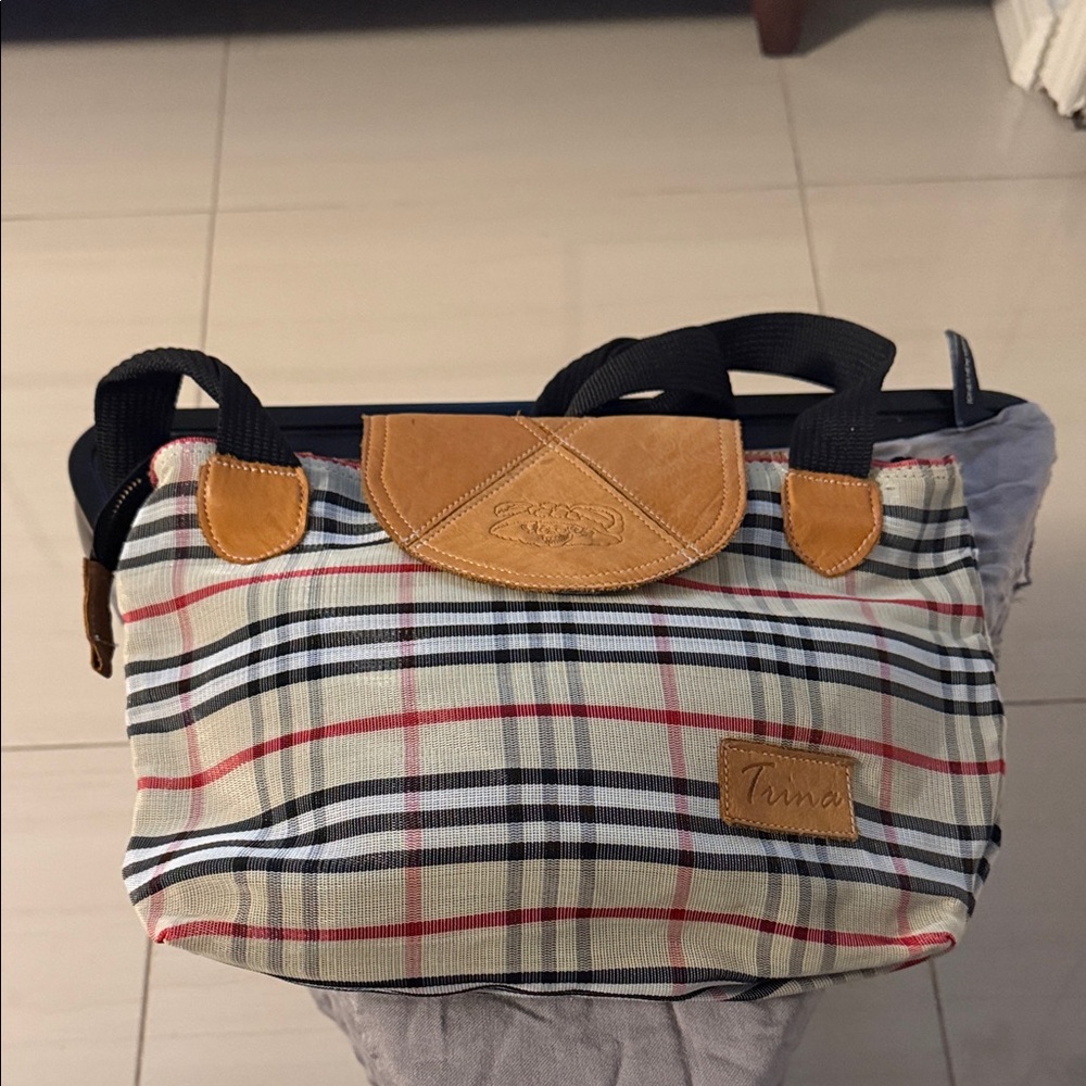 Plaid Canvas Tote Bag with Tan Leather Trim